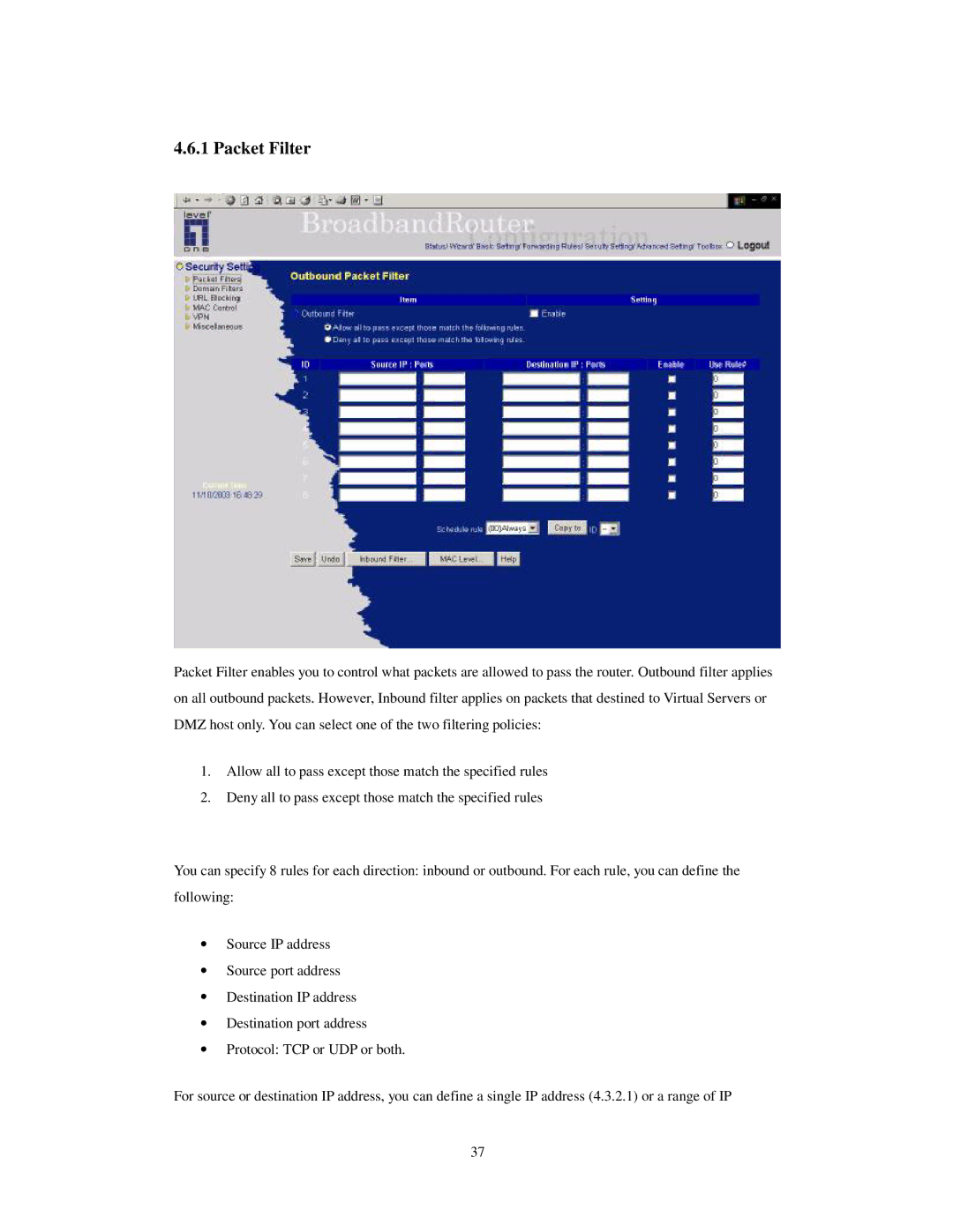 LevelOne WBR-3403TX user manual Packet Filter 