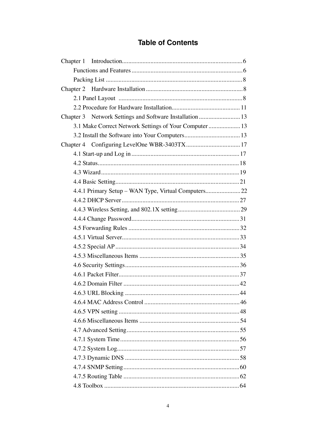 LevelOne WBR-3403TX user manual Table of Contents 