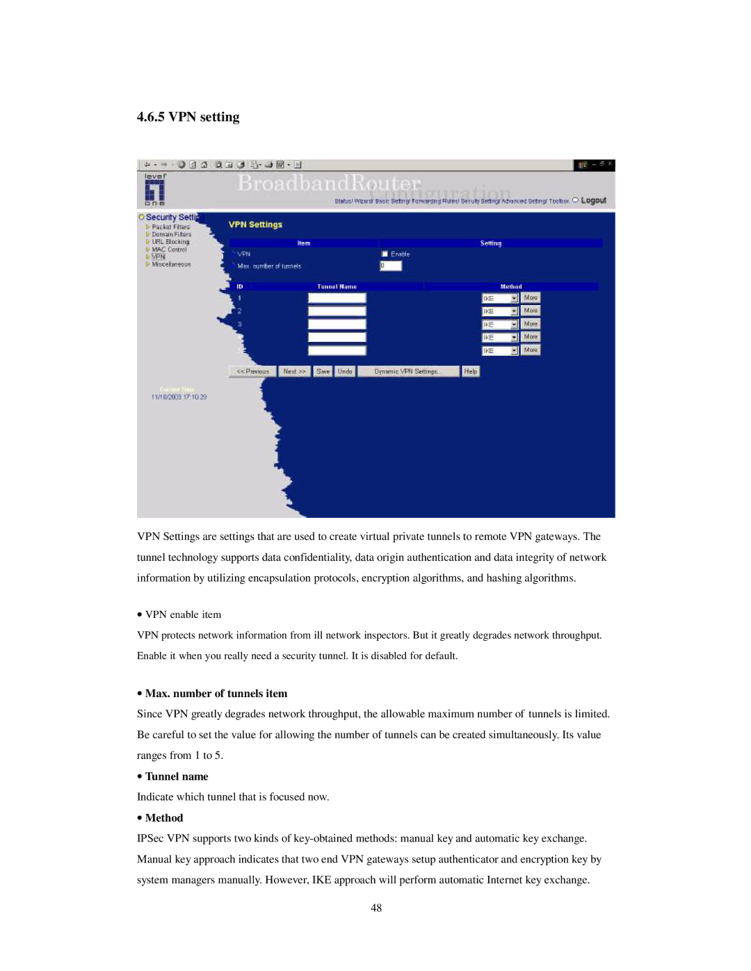 LevelOne WBR-3403TX user manual VPN setting, ∙ Max. number of tunnels item, ∙ Tunnel name, ∙ Method 