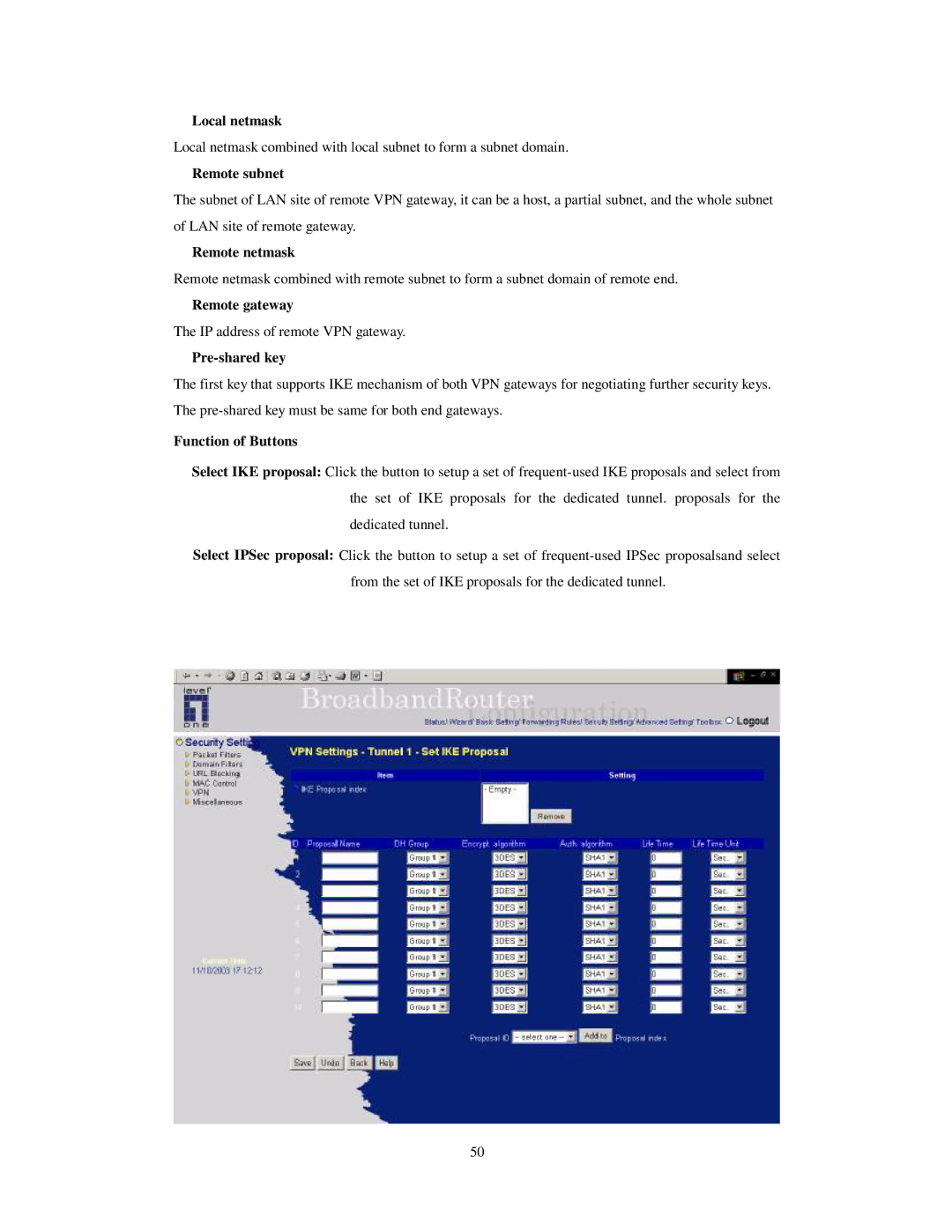 LevelOne WBR-3403TX user manual Local netmask, Remote subnet, Remote netmask, Remote gateway, Pre-shared key 