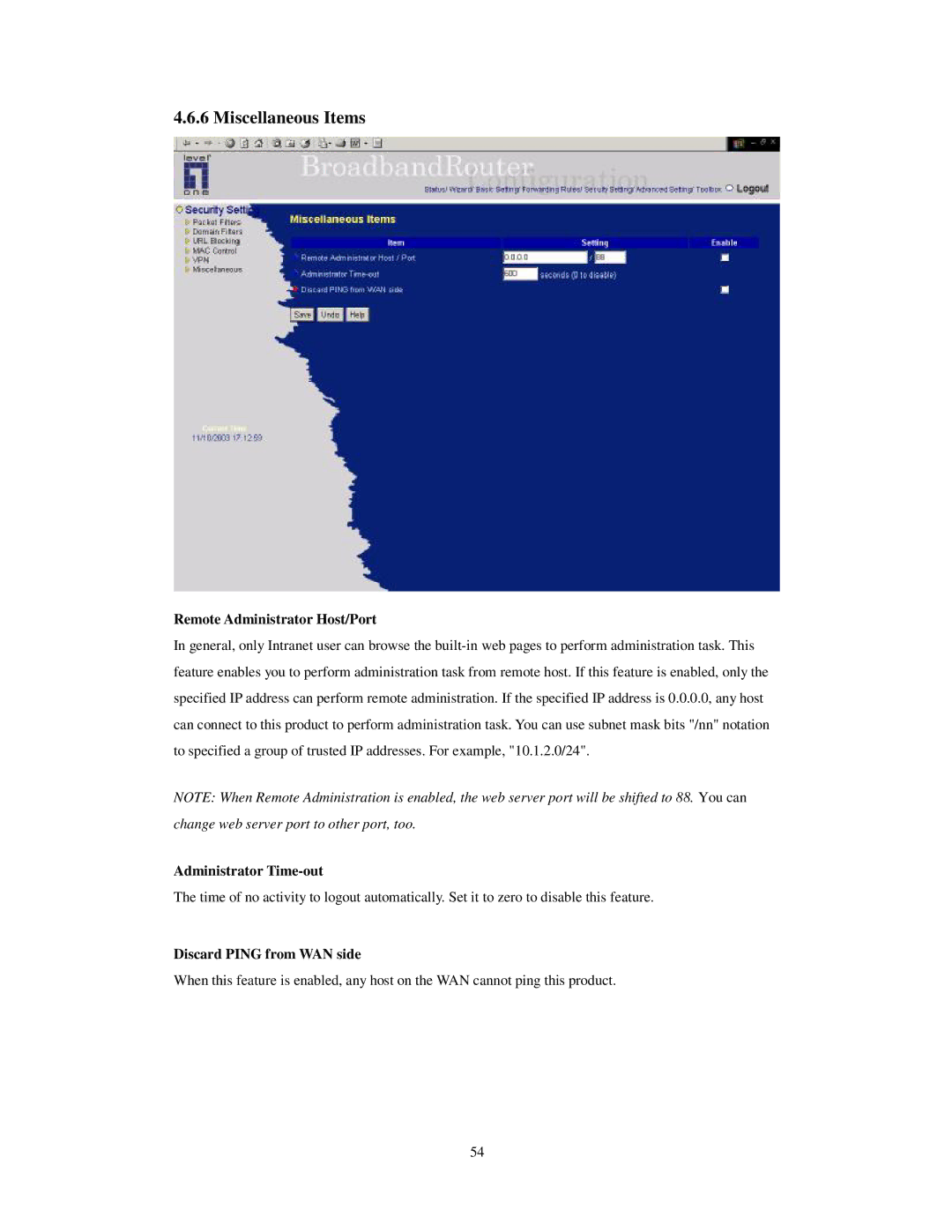 LevelOne WBR-3403TX user manual Remote Administrator Host/Port, Administrator Time-out, Discard Ping from WAN side 