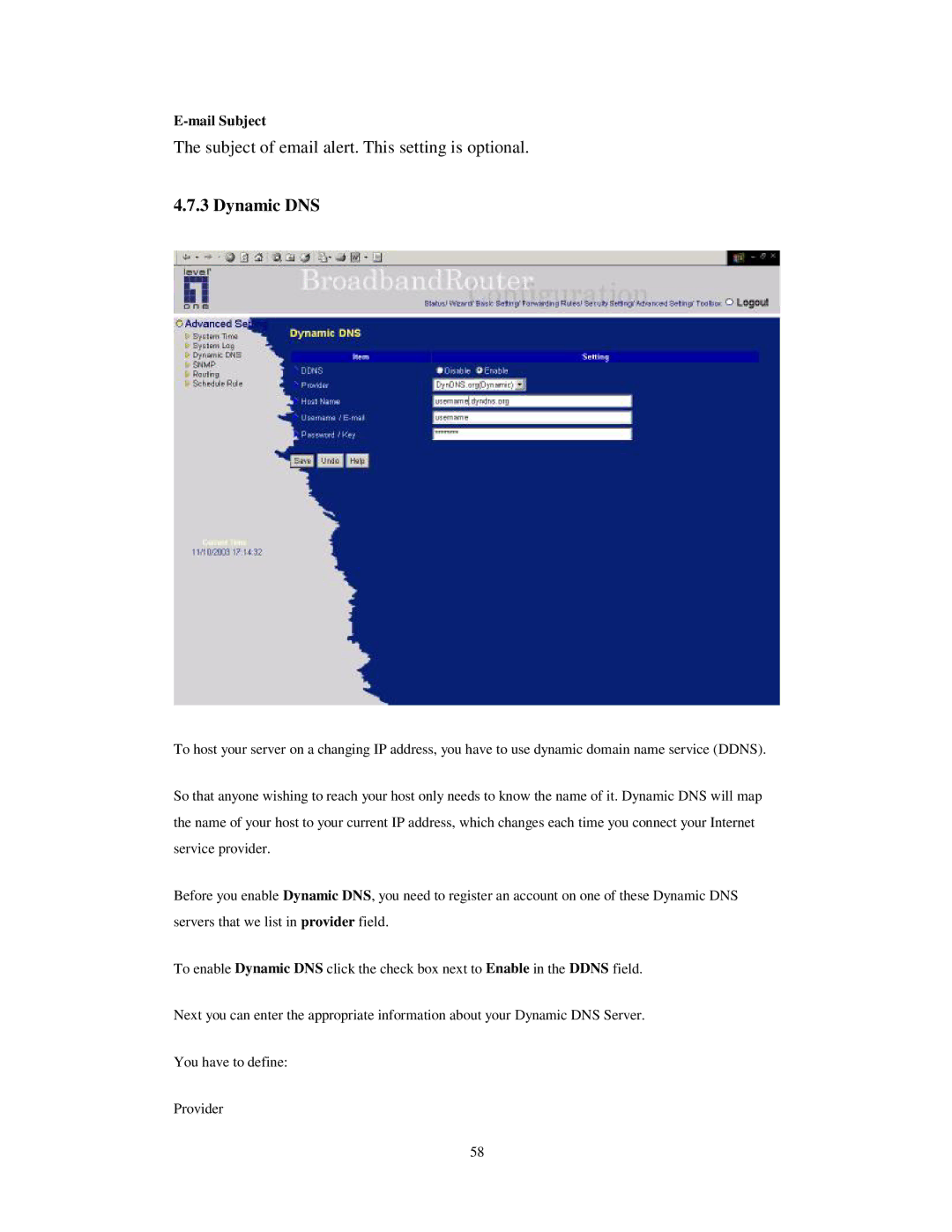 LevelOne WBR-3403TX user manual Dynamic DNS, Mail Subject 