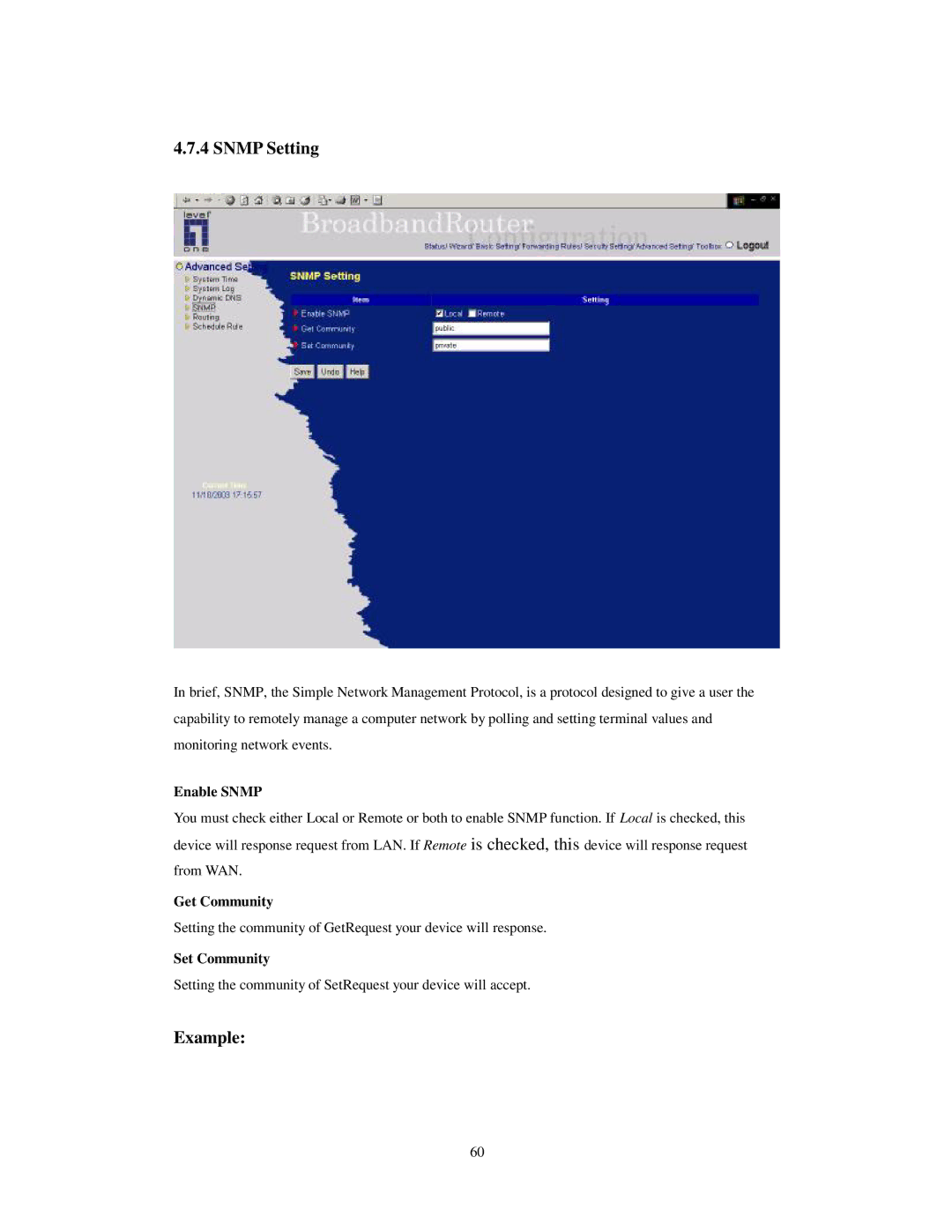 LevelOne WBR-3403TX user manual Snmp Setting, Enable Snmp, Get Community, Set Community 