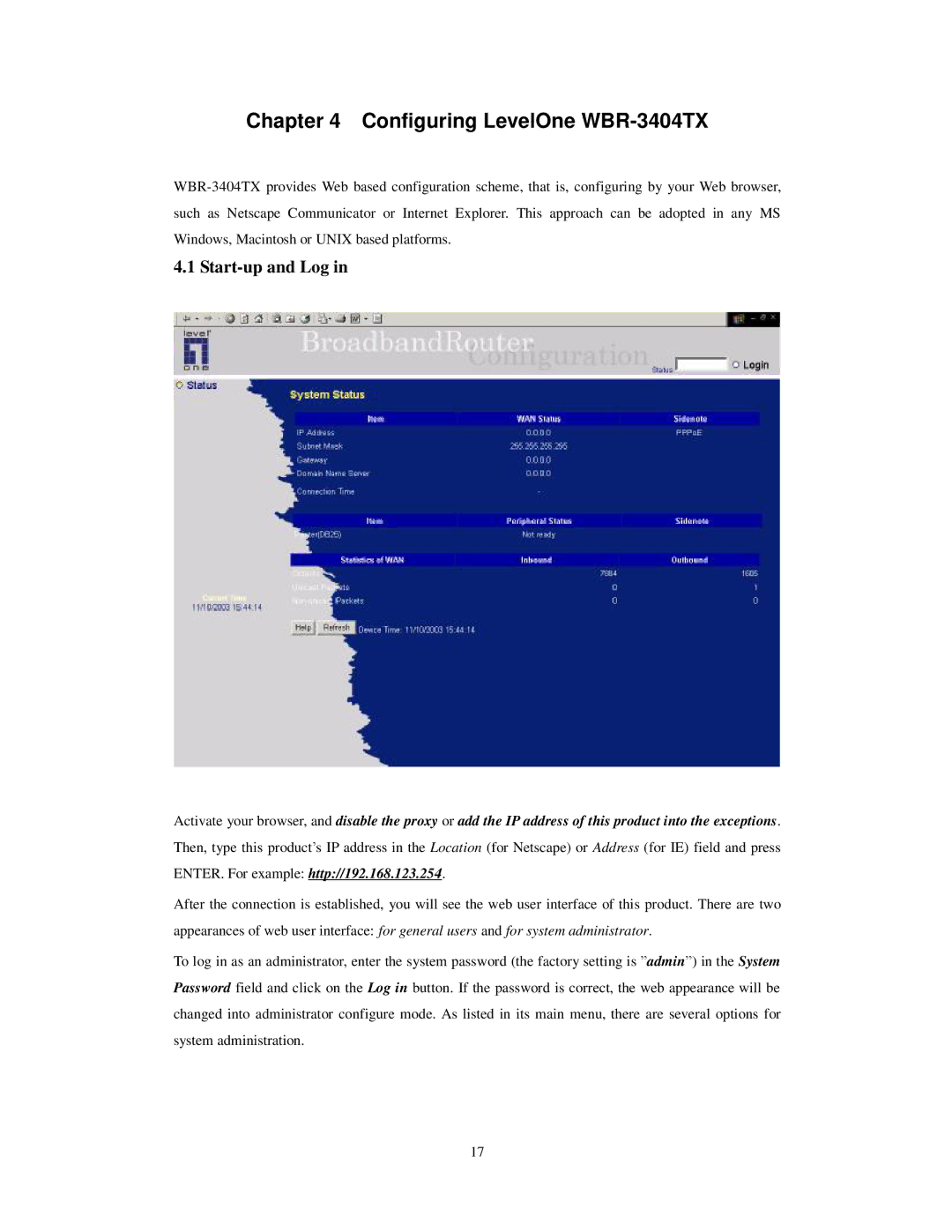 LevelOne user manual Configuring LevelOne WBR-3404TX, Start-up and Log 