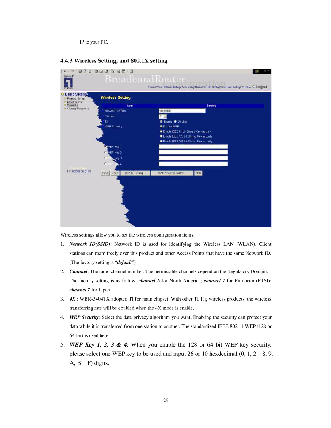 LevelOne WBR-3404TX user manual Wireless Setting, and 802.1X setting 