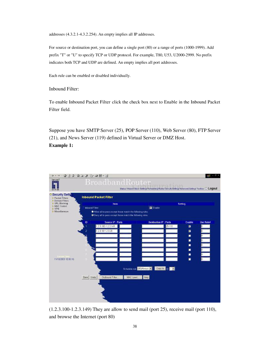 LevelOne WBR-3404TX user manual Inbound Filter, Example 