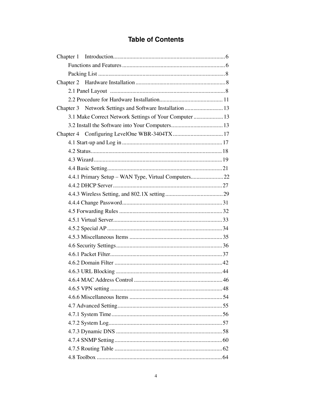 LevelOne WBR-3404TX user manual Table of Contents 