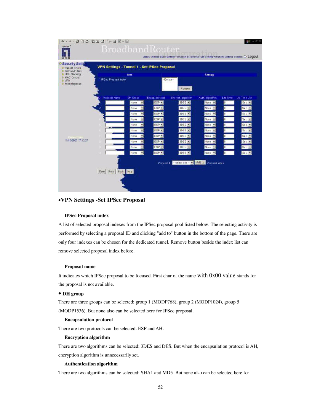 LevelOne WBR-3404TX user manual ∙VPN Settings -Set IPSec Proposal, IPSec Proposal index, Encapsulation protocol 