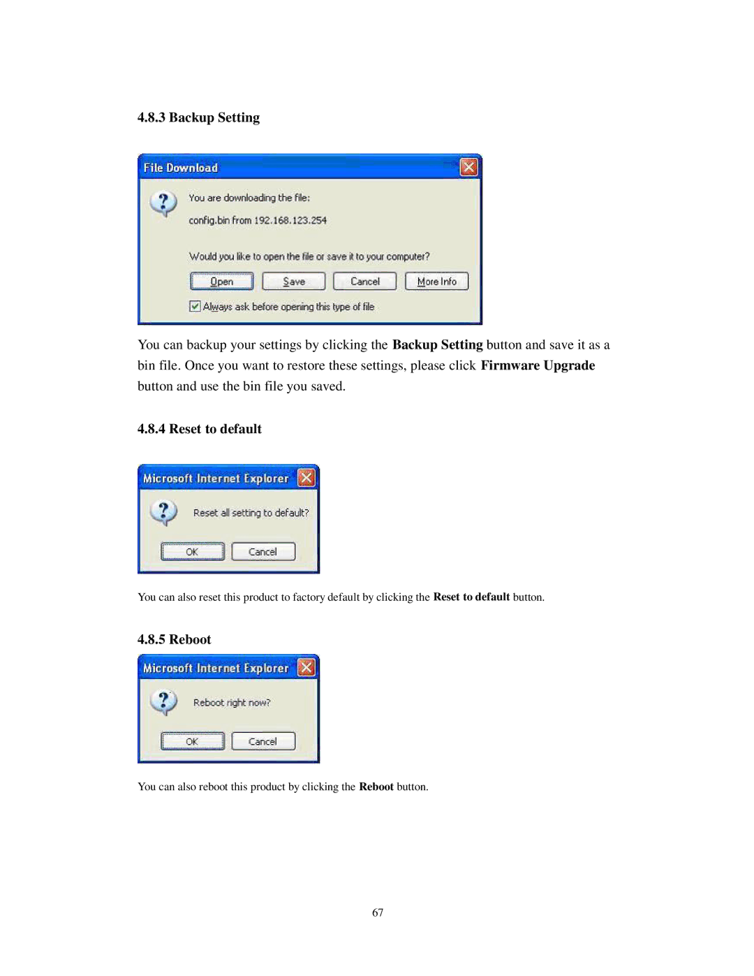 LevelOne WBR-3404TX user manual Backup Setting, Reset to default, Reboot 