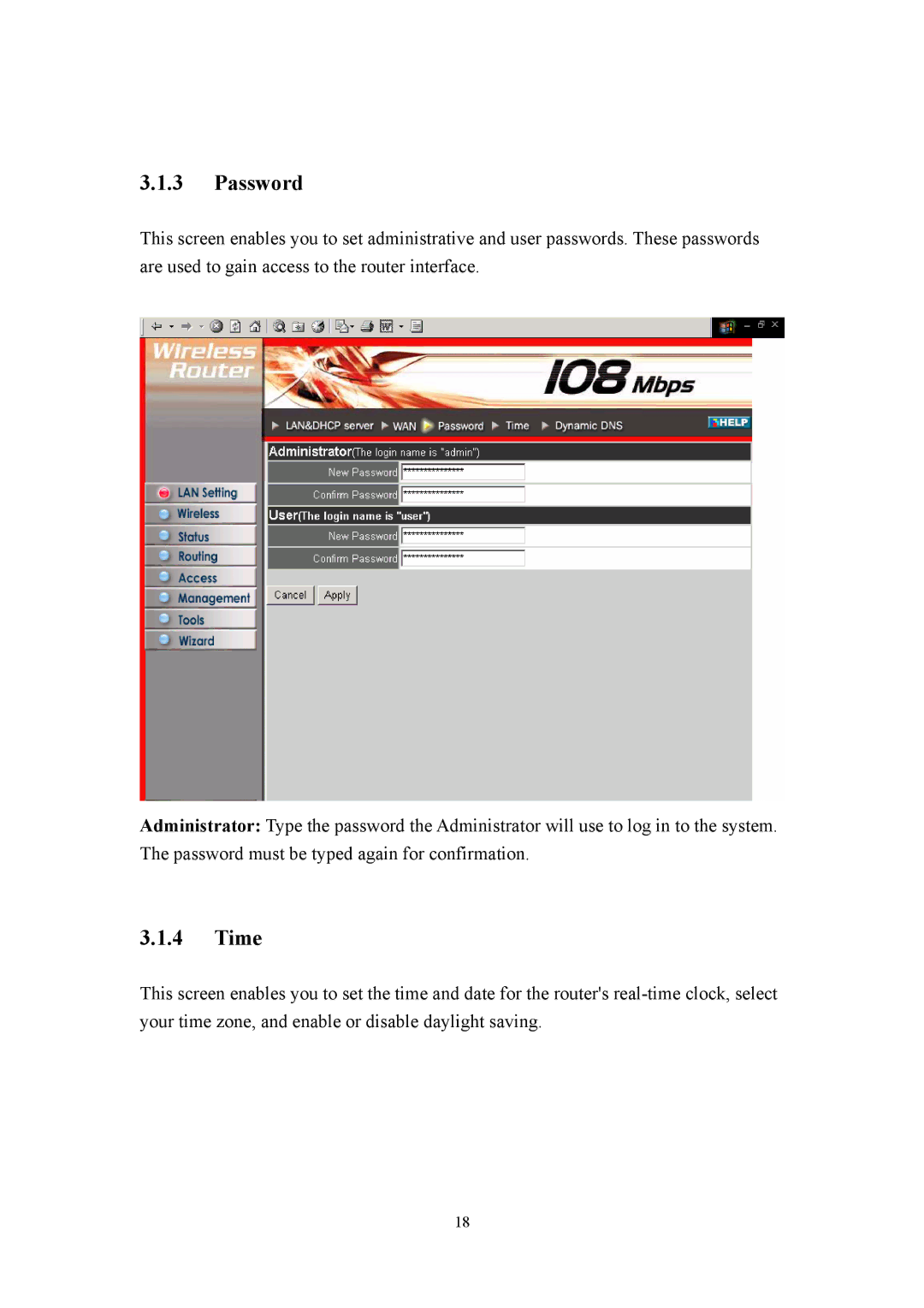 LevelOne WBR-3405TX user manual Password, Time 