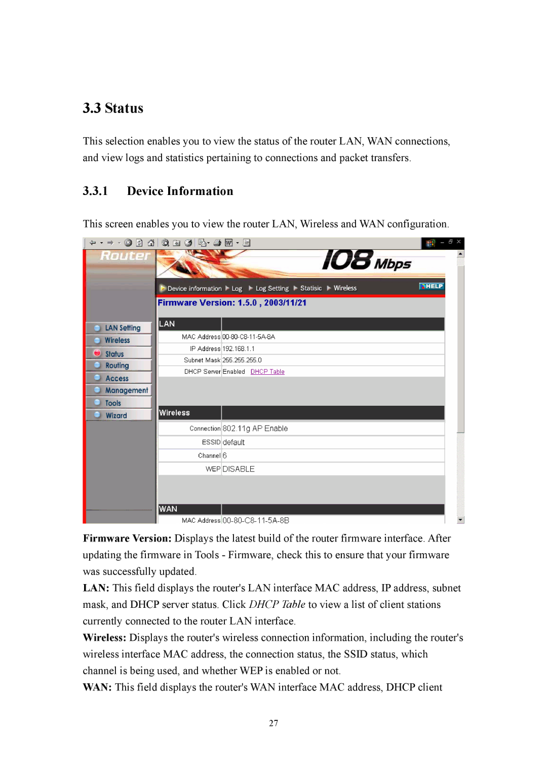 LevelOne WBR-3405TX user manual Status, Device Information 