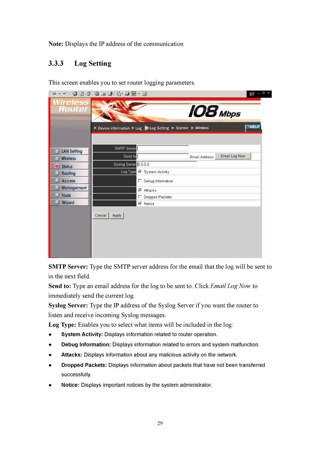 LevelOne WBR-3405TX user manual Log Setting 