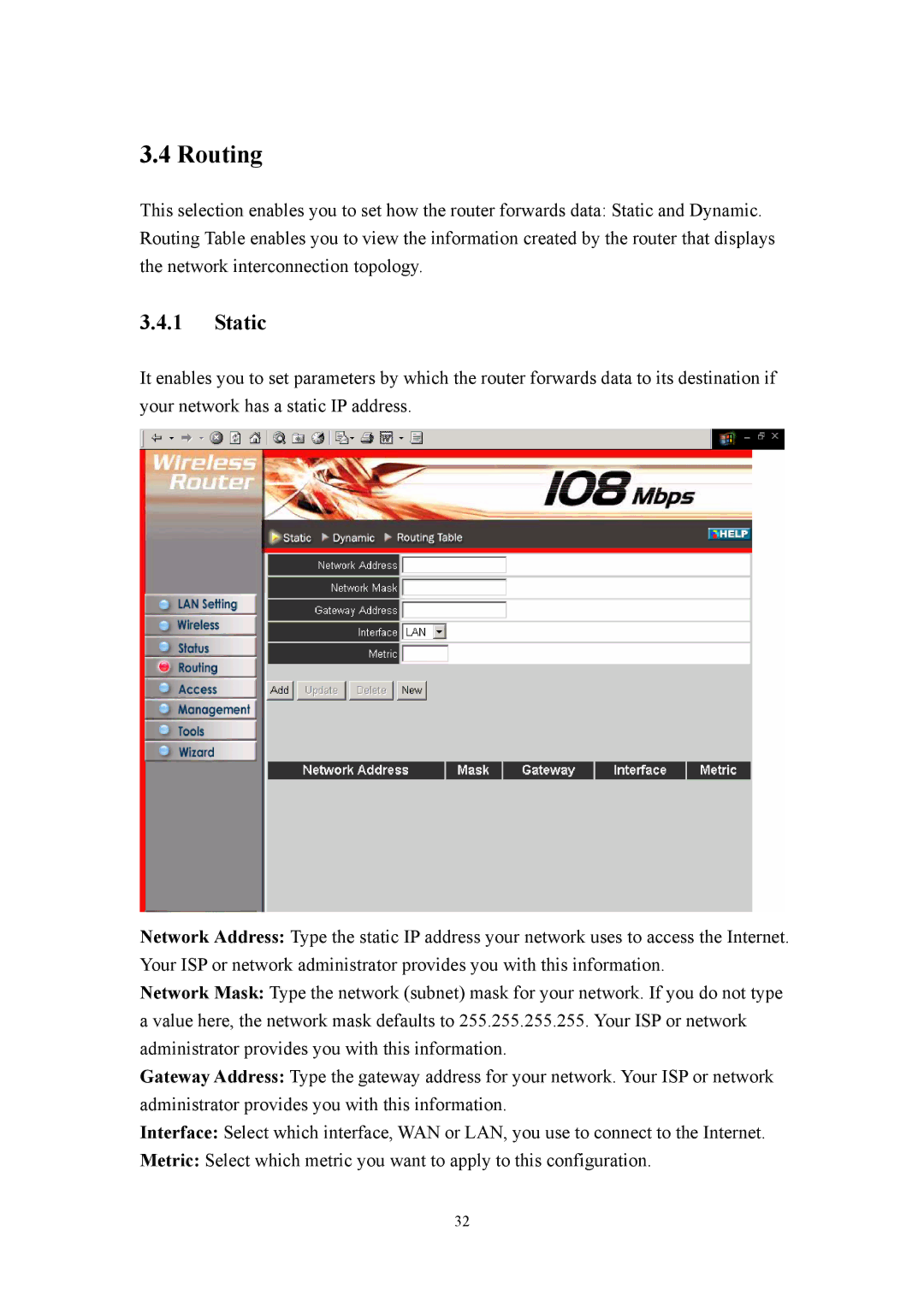 LevelOne WBR-3405TX user manual Routing, Static 