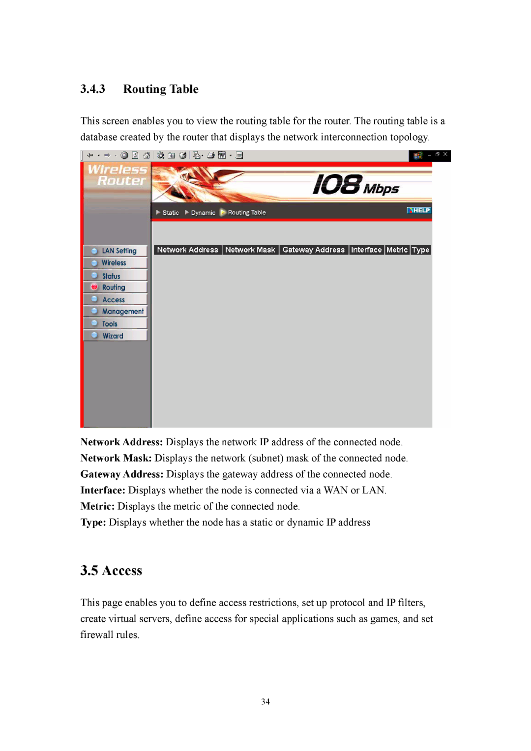 LevelOne WBR-3405TX user manual Access, Routing Table 