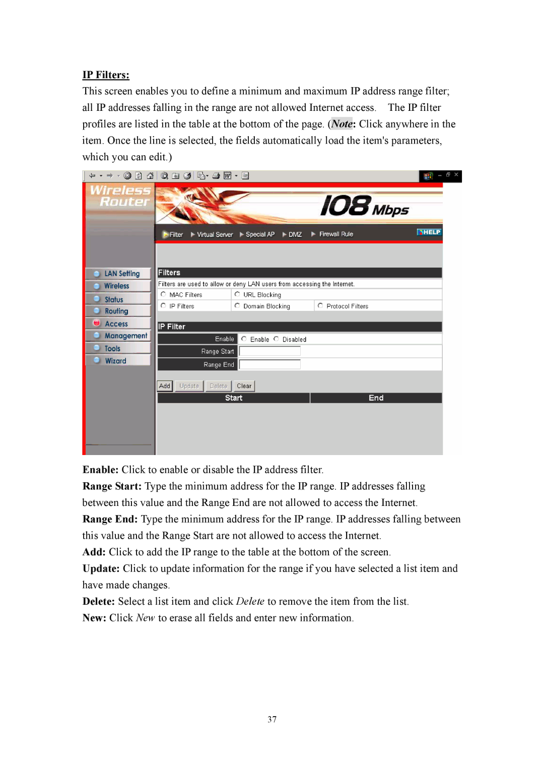 LevelOne WBR-3405TX user manual IP Filters 