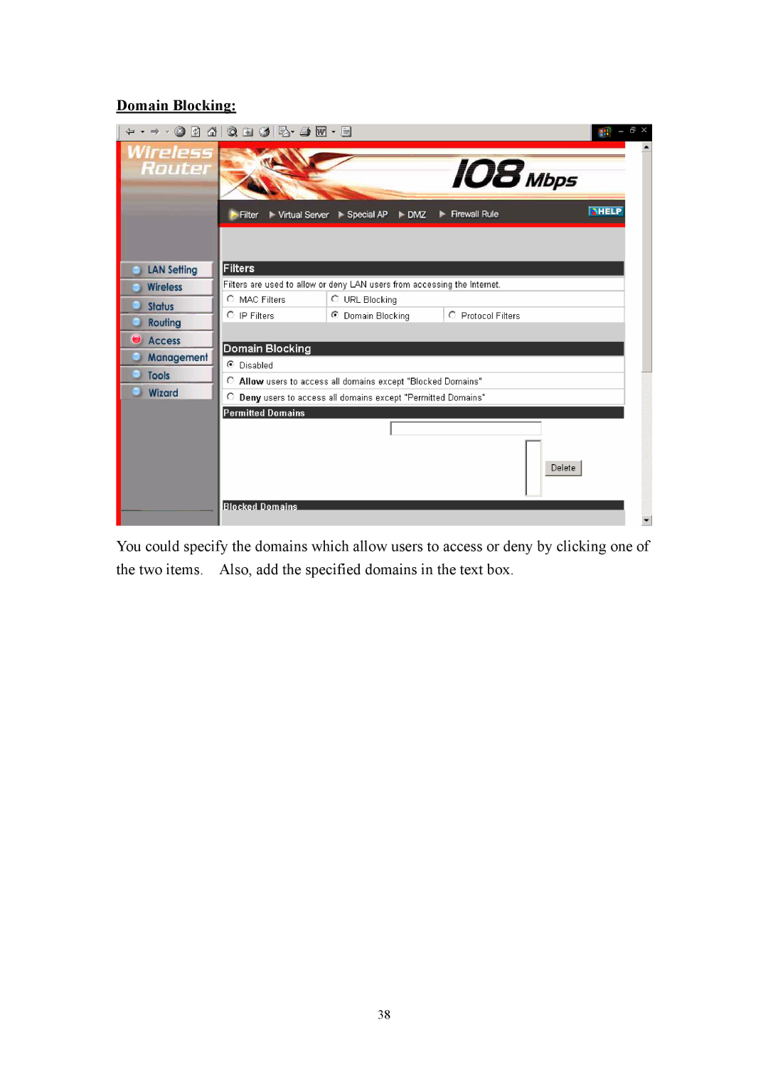 LevelOne WBR-3405TX user manual Domain Blocking 