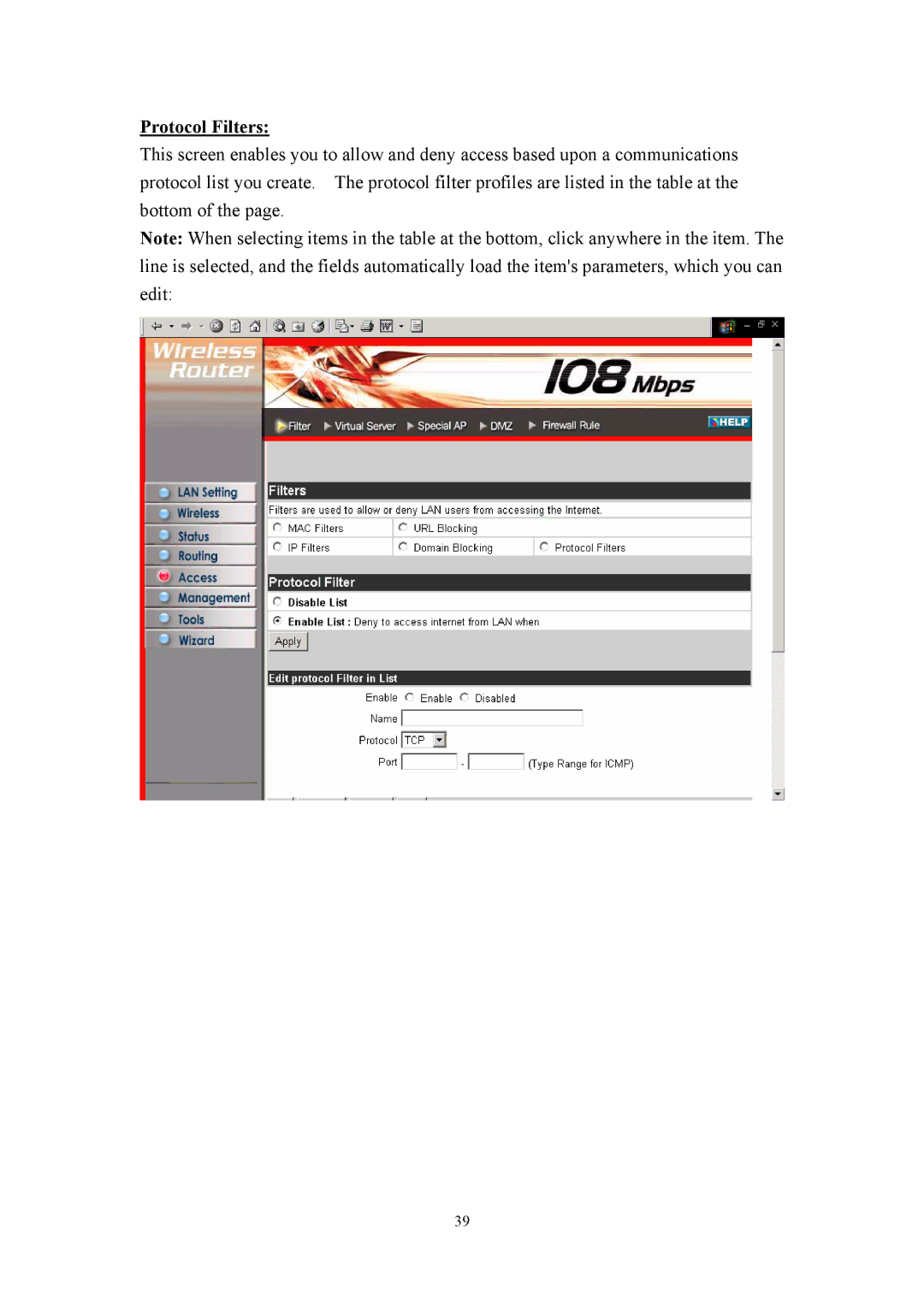 LevelOne WBR-3405TX user manual Protocol Filters 