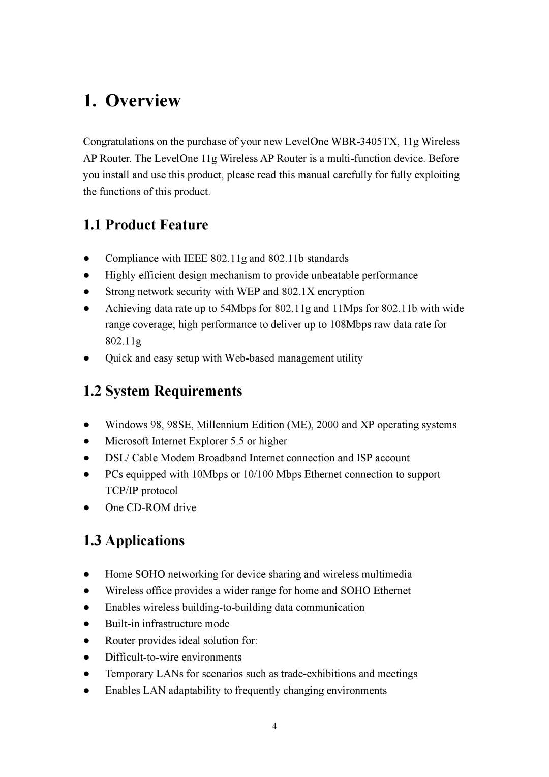 LevelOne WBR-3405TX user manual Product Feature, System Requirements, Applications 