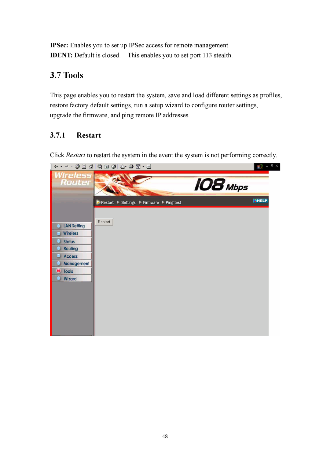 LevelOne WBR-3405TX user manual Tools, Restart 