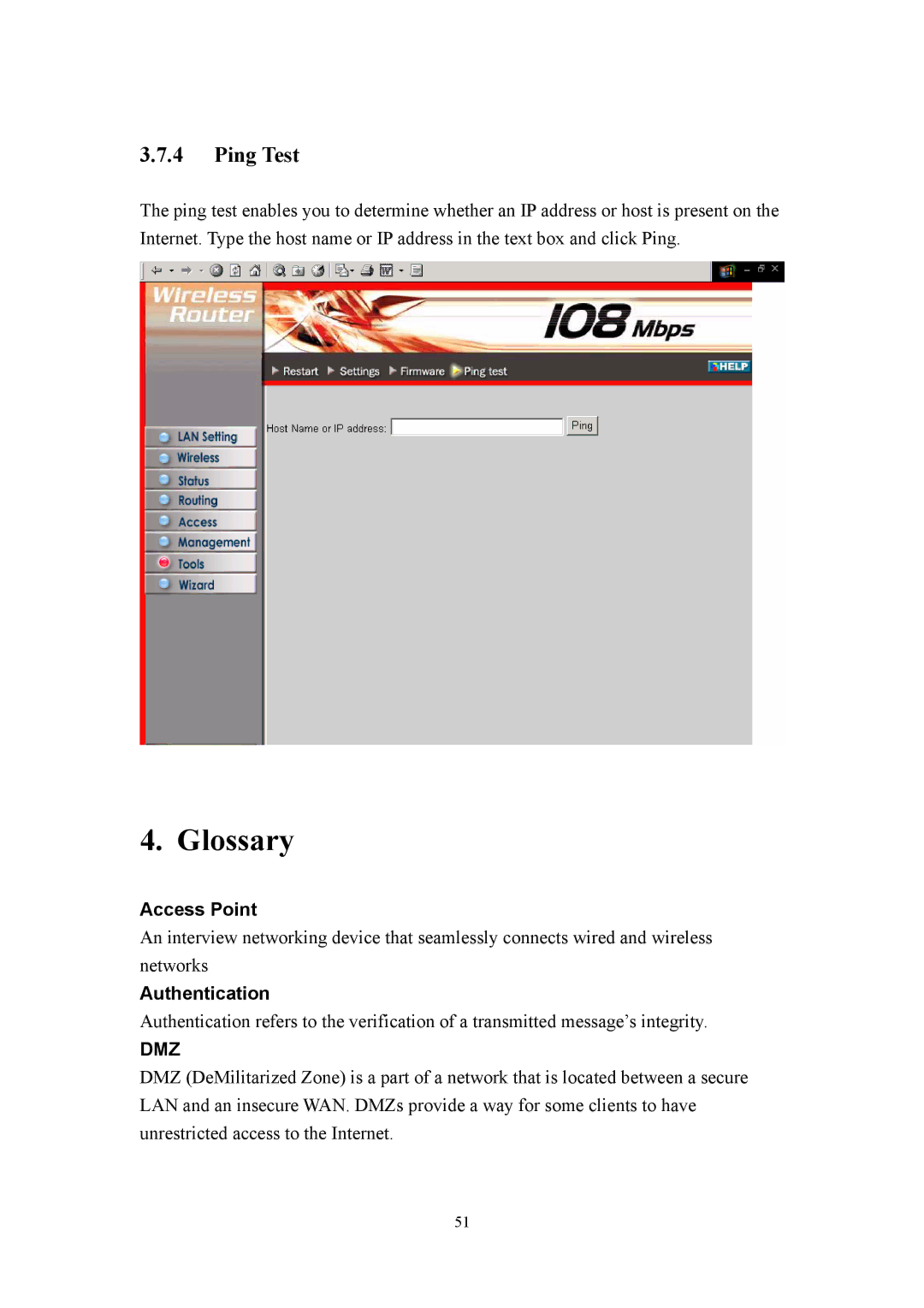 LevelOne WBR-3405TX user manual Glossary, Ping Test 