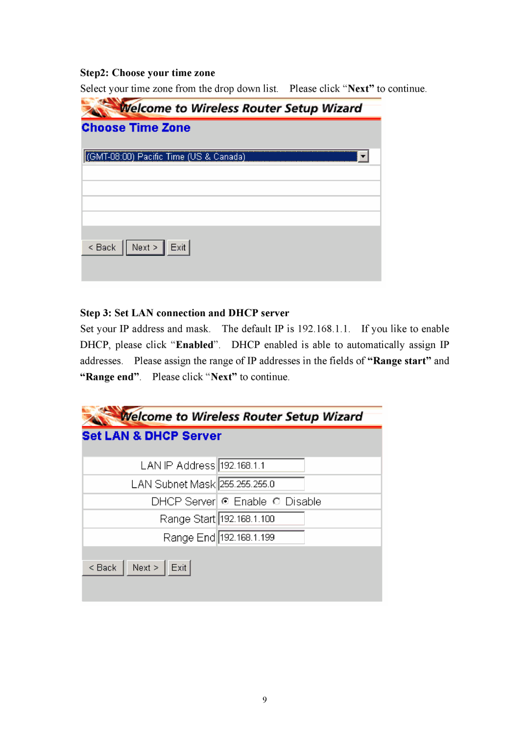 LevelOne WBR-3405TX user manual Choose your time zone, Set LAN connection and Dhcp server 