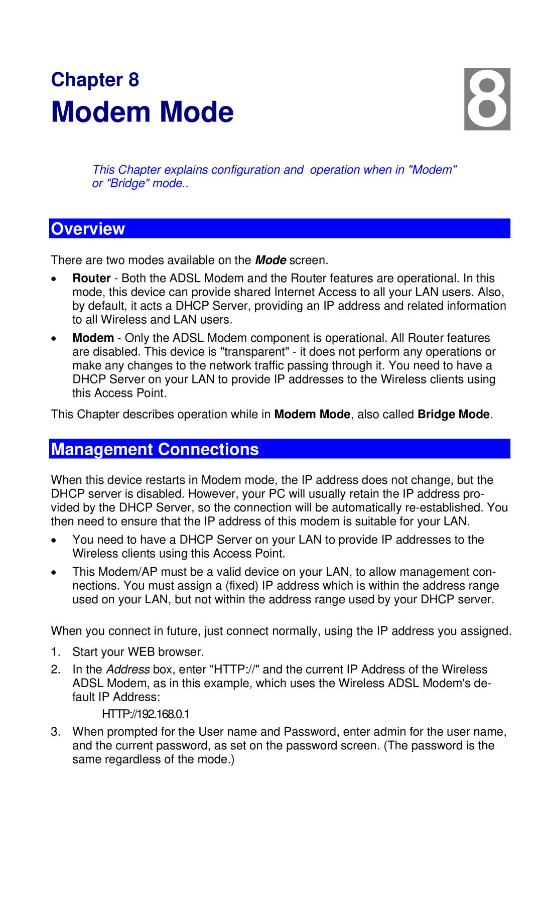 LevelOne WBR-3460 user manual Modem Mode, Management Connections 