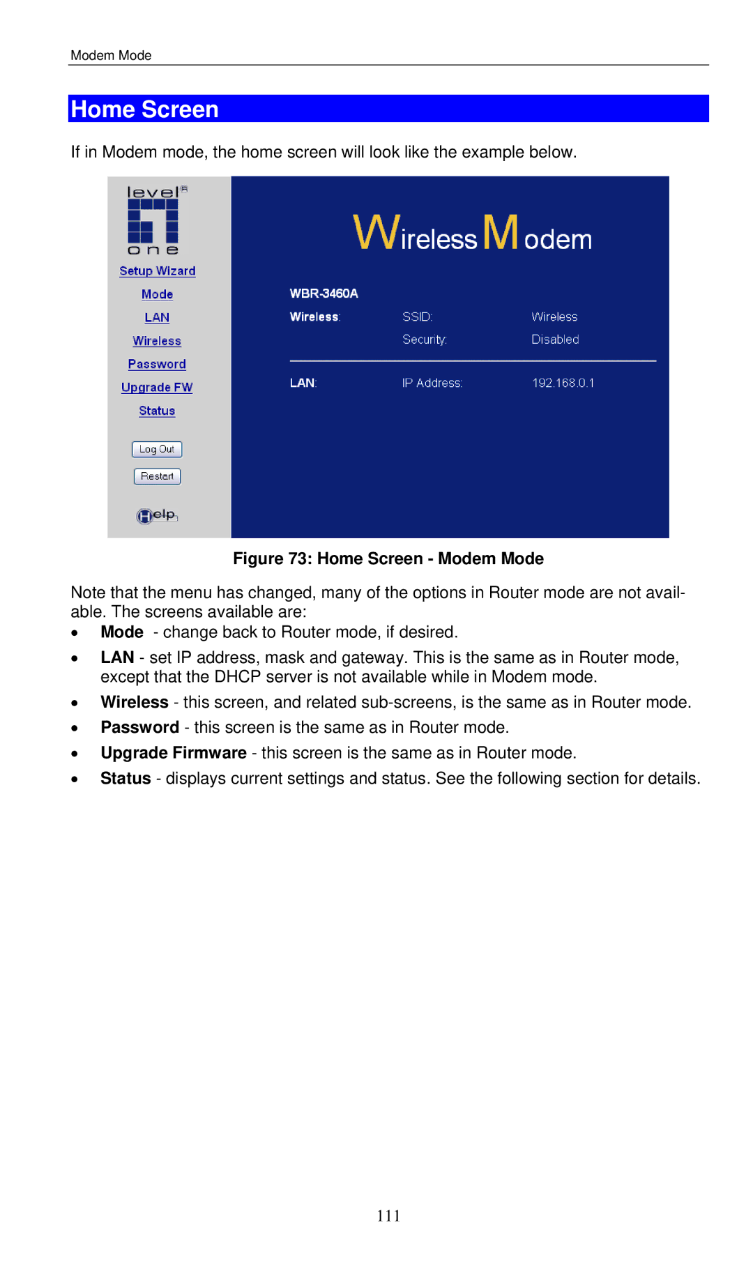 LevelOne WBR-3460 user manual Home Screen Modem Mode 