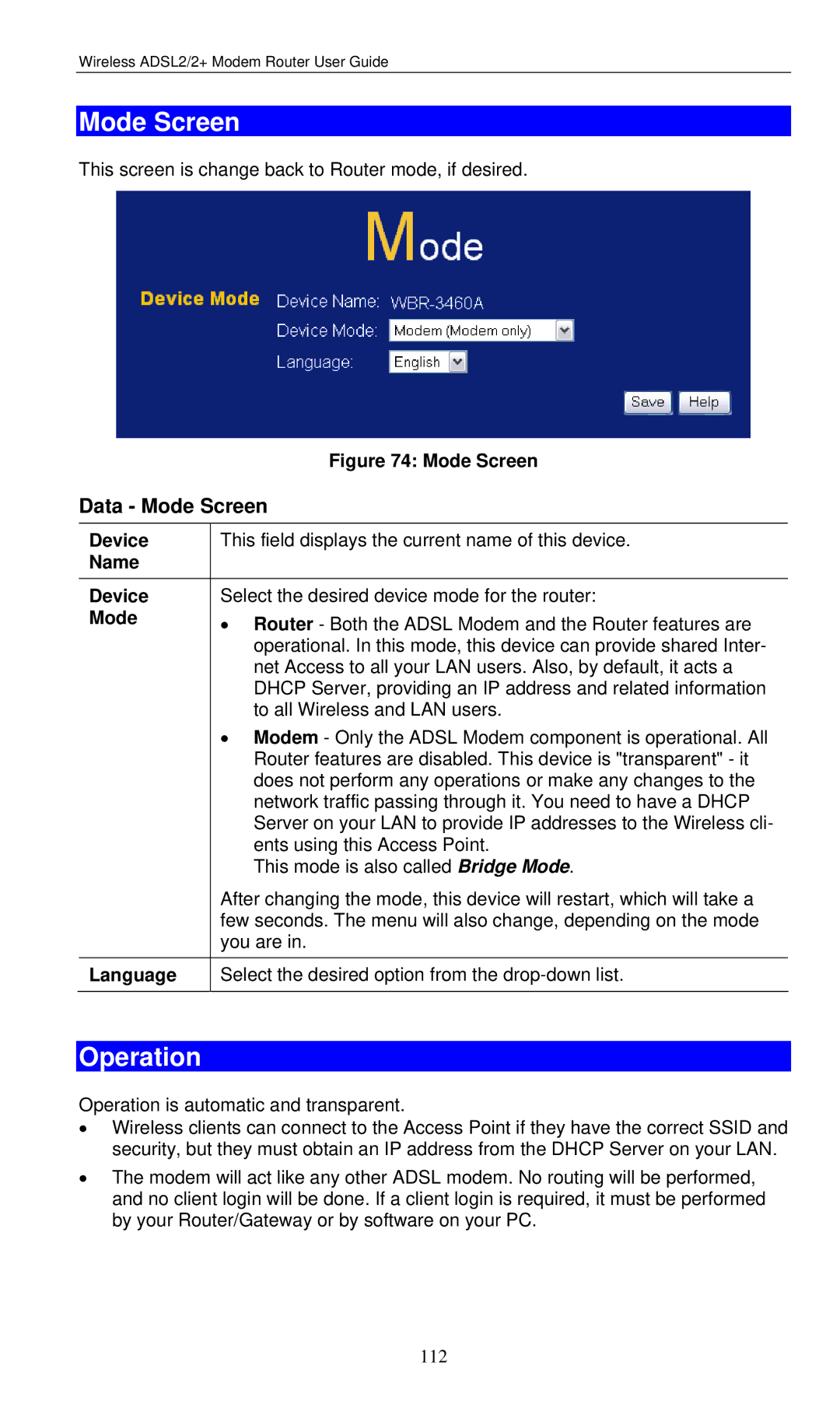 LevelOne WBR-3460 user manual Operation, Data Mode Screen, Device Name Mode Language 