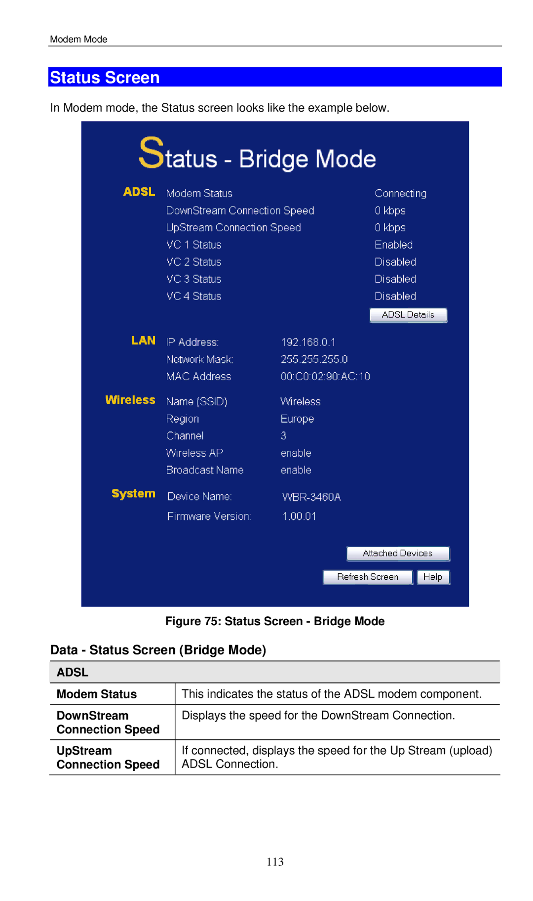 LevelOne WBR-3460 user manual Data Status Screen Bridge Mode 