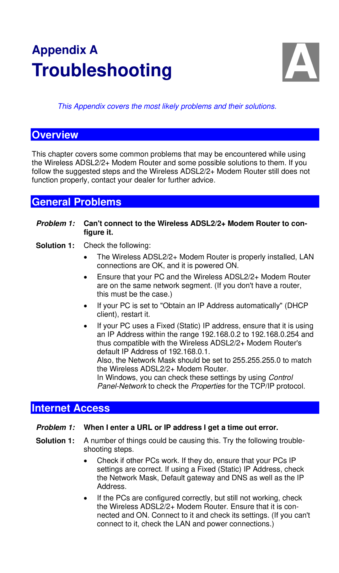 LevelOne WBR-3460 user manual Troubleshooting, General Problems, Internet Access 