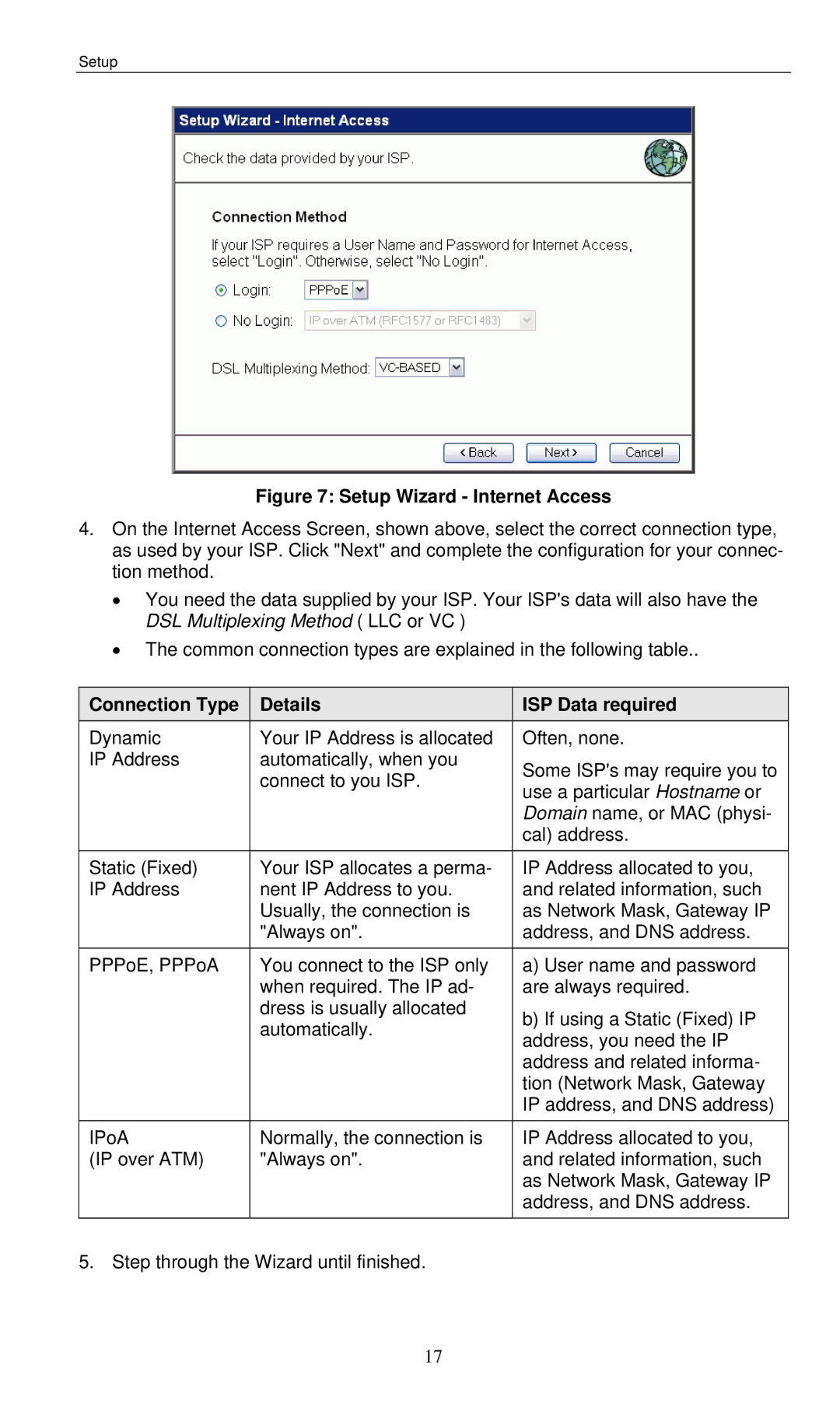 LevelOne WBR-3460 user manual Setup Wizard Internet Access, Connection Type Details ISP Data required 