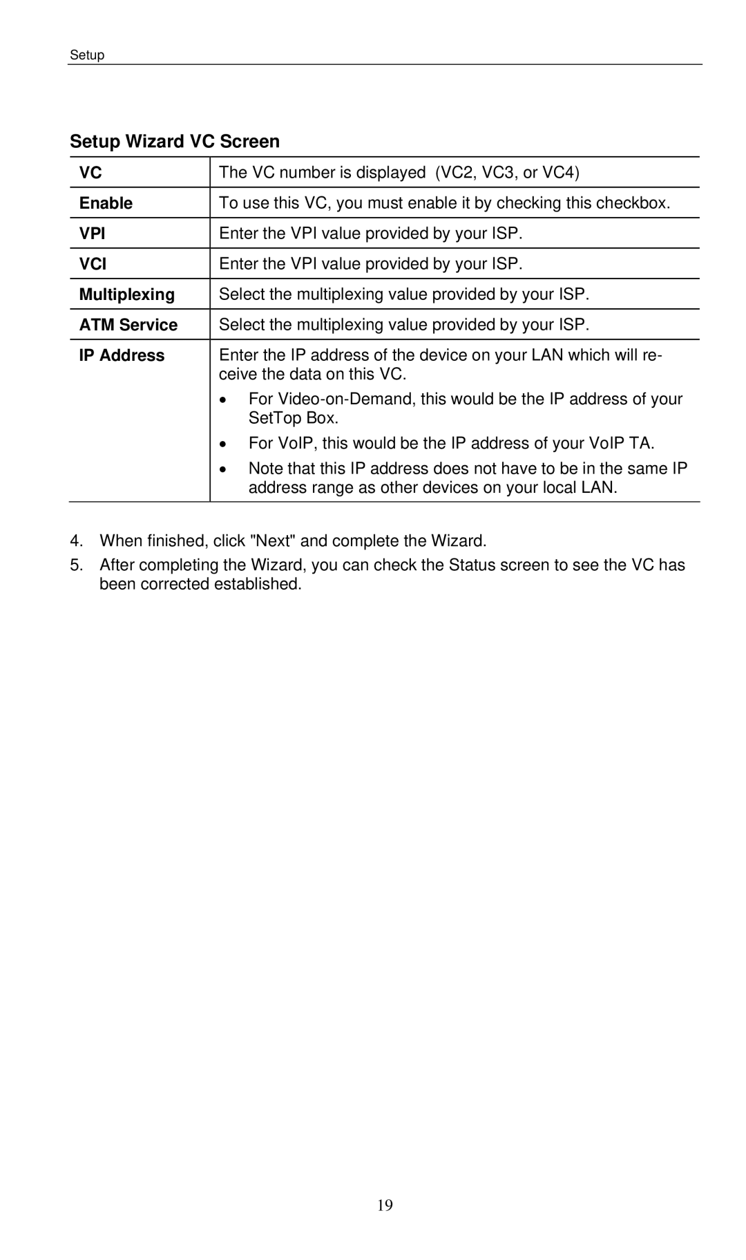 LevelOne WBR-3460 user manual Setup Wizard VC Screen, Vpi, Vci 