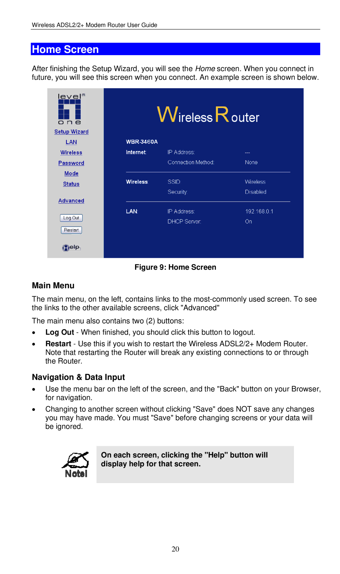 LevelOne WBR-3460 user manual Home Screen, Main Menu, Navigation & Data Input 