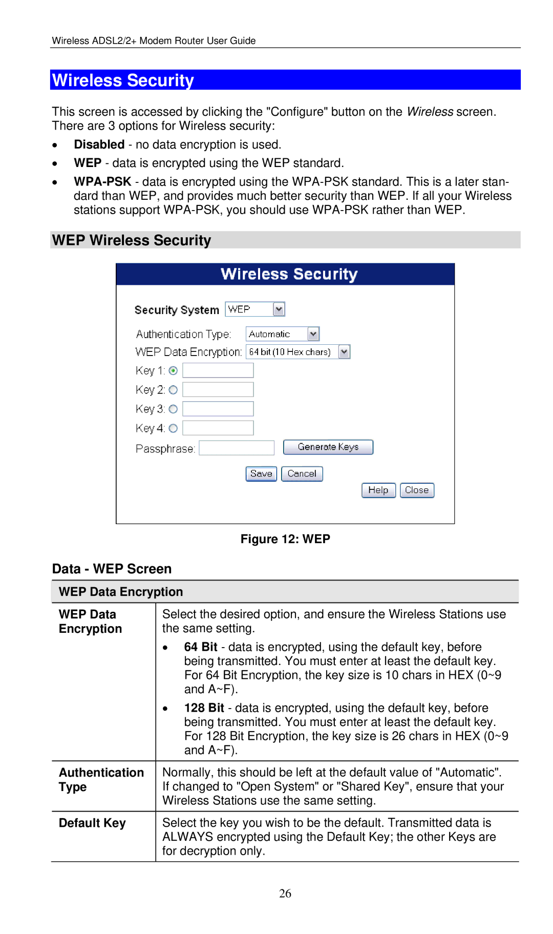 LevelOne WBR-3460 user manual WEP Wireless Security, Data WEP Screen 