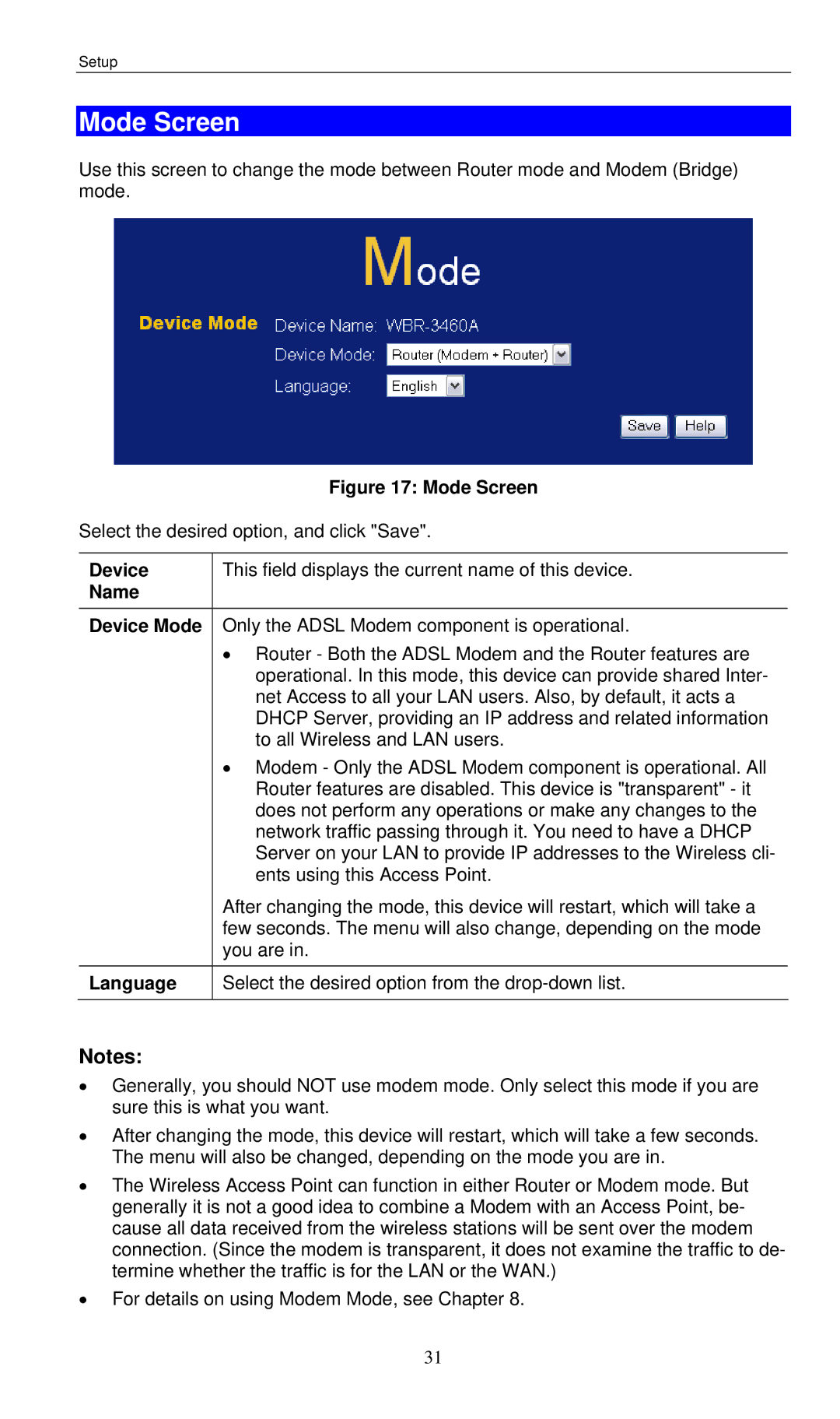 LevelOne WBR-3460 user manual Mode Screen, Device Name Device Mode Language 