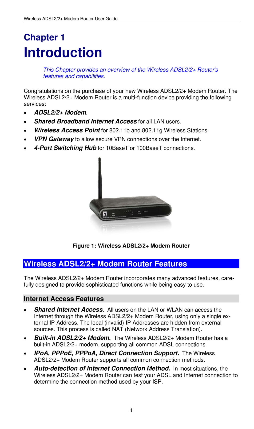 LevelOne WBR-3460 user manual Introduction, Wireless ADSL2/2+ Modem Router Features, Internet Access Features 