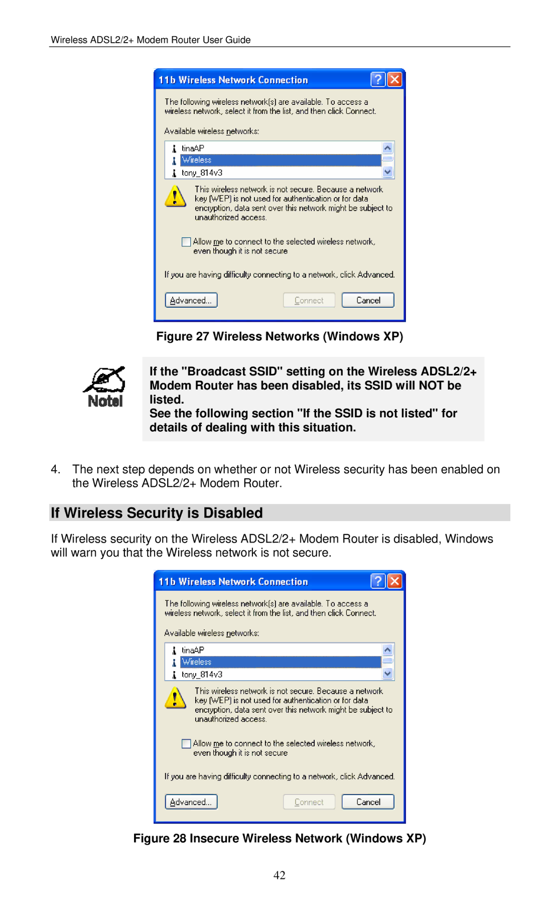 LevelOne WBR-3460 user manual If Wireless Security is Disabled, Insecure Wireless Network Windows XP 