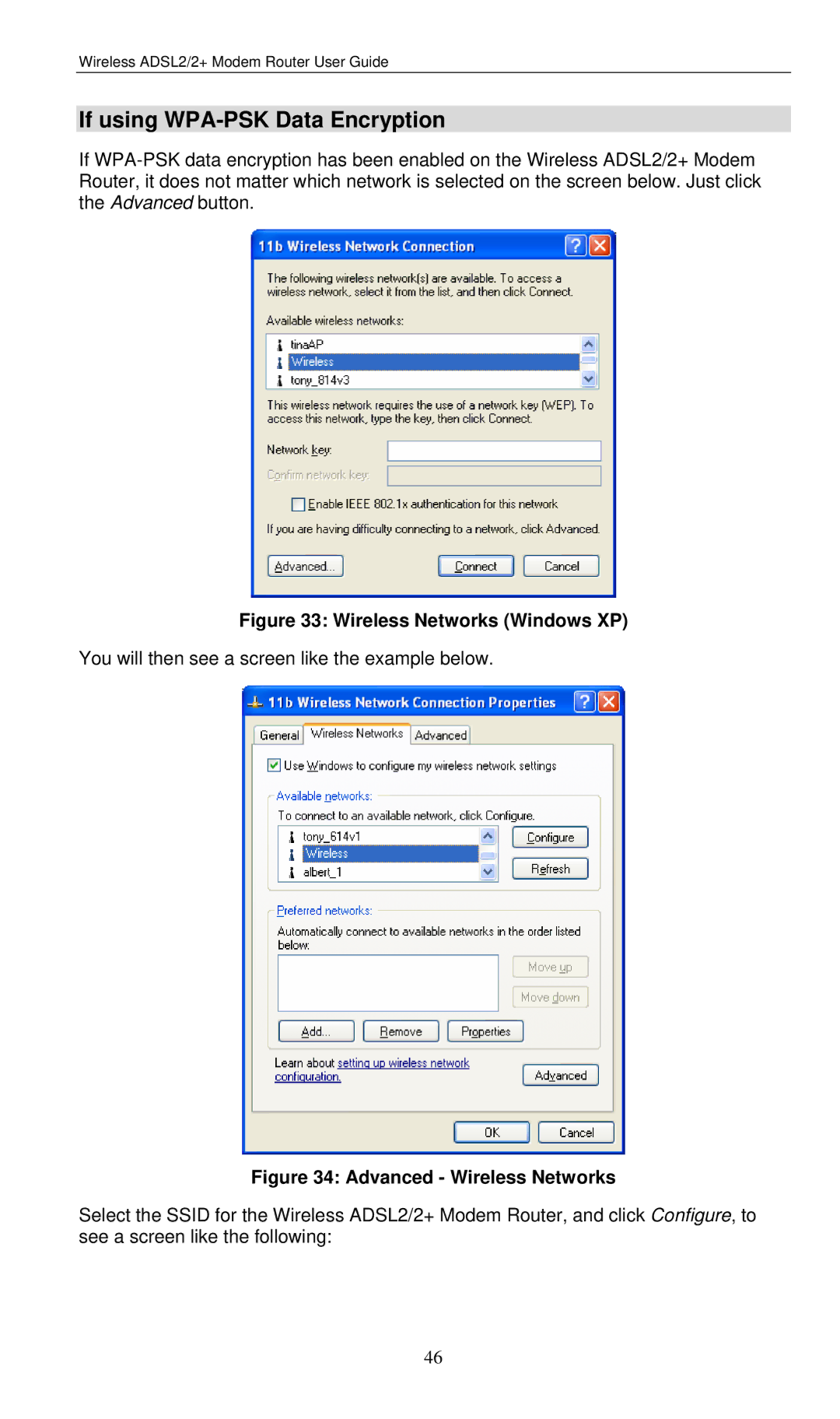 LevelOne WBR-3460 user manual If using WPA-PSK Data Encryption, Wireless Networks Windows XP 