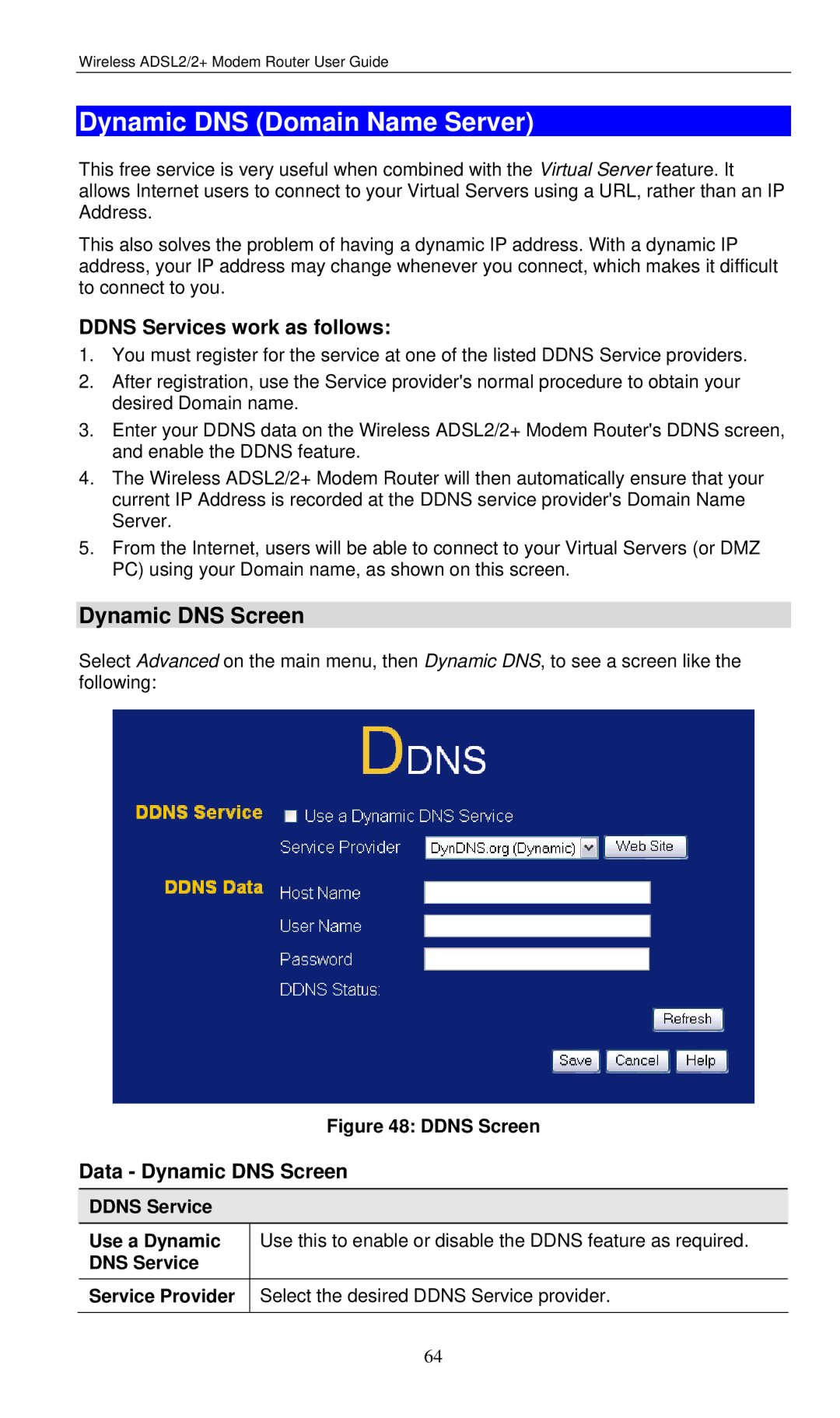 LevelOne WBR-3460 user manual Dynamic DNS Domain Name Server, Dynamic DNS Screen, Ddns Services work as follows 