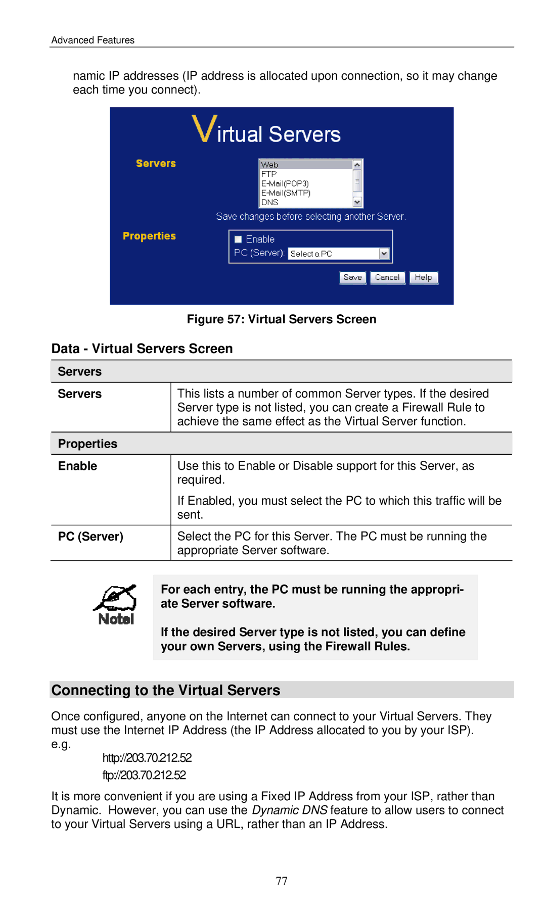 LevelOne WBR-3460 user manual Connecting to the Virtual Servers, Data Virtual Servers Screen, Properties Enable, PC Server 