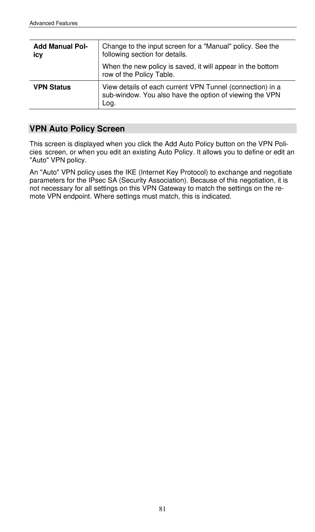 LevelOne WBR-3460 user manual VPN Auto Policy Screen, Add Manual Pol, Icy 