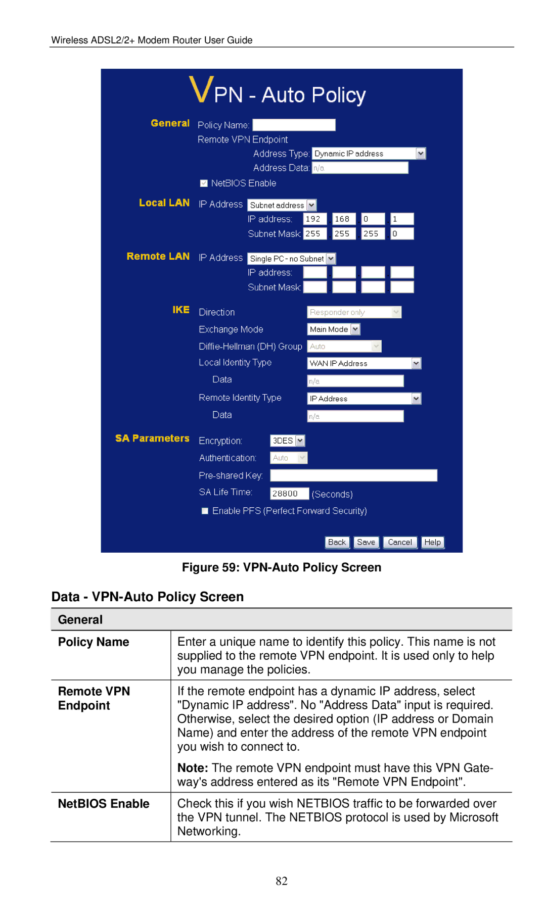 LevelOne WBR-3460 user manual Data VPN-Auto Policy Screen, General Policy Name, Remote VPN, Endpoint, NetBIOS Enable 