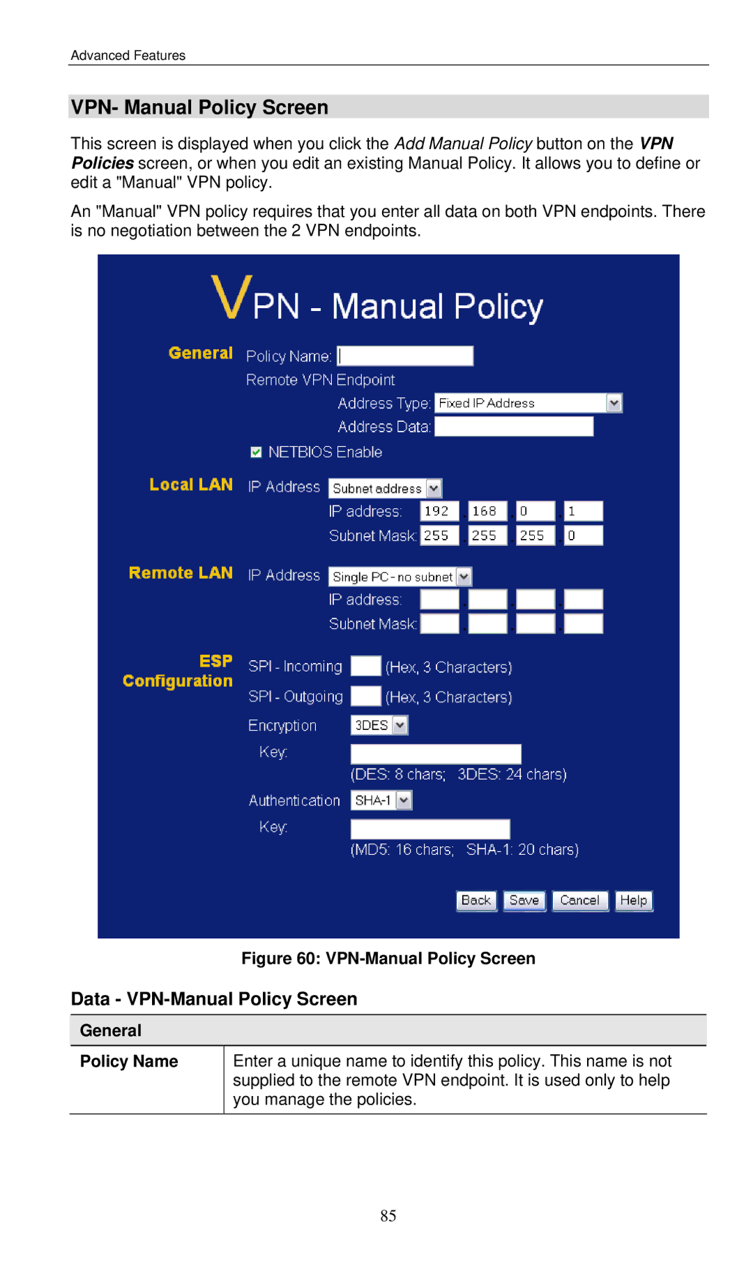 LevelOne WBR-3460 user manual VPN- Manual Policy Screen, Data VPN-Manual Policy Screen 