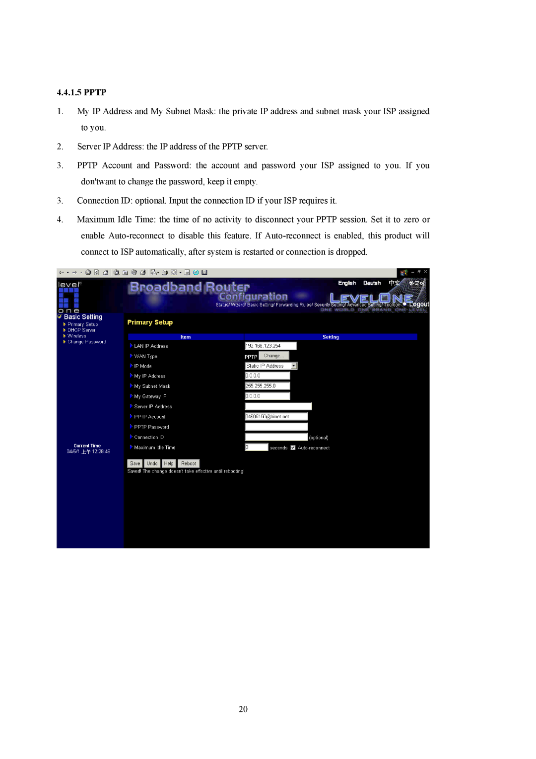 LevelOne WBR-5400 user manual Pptp 
