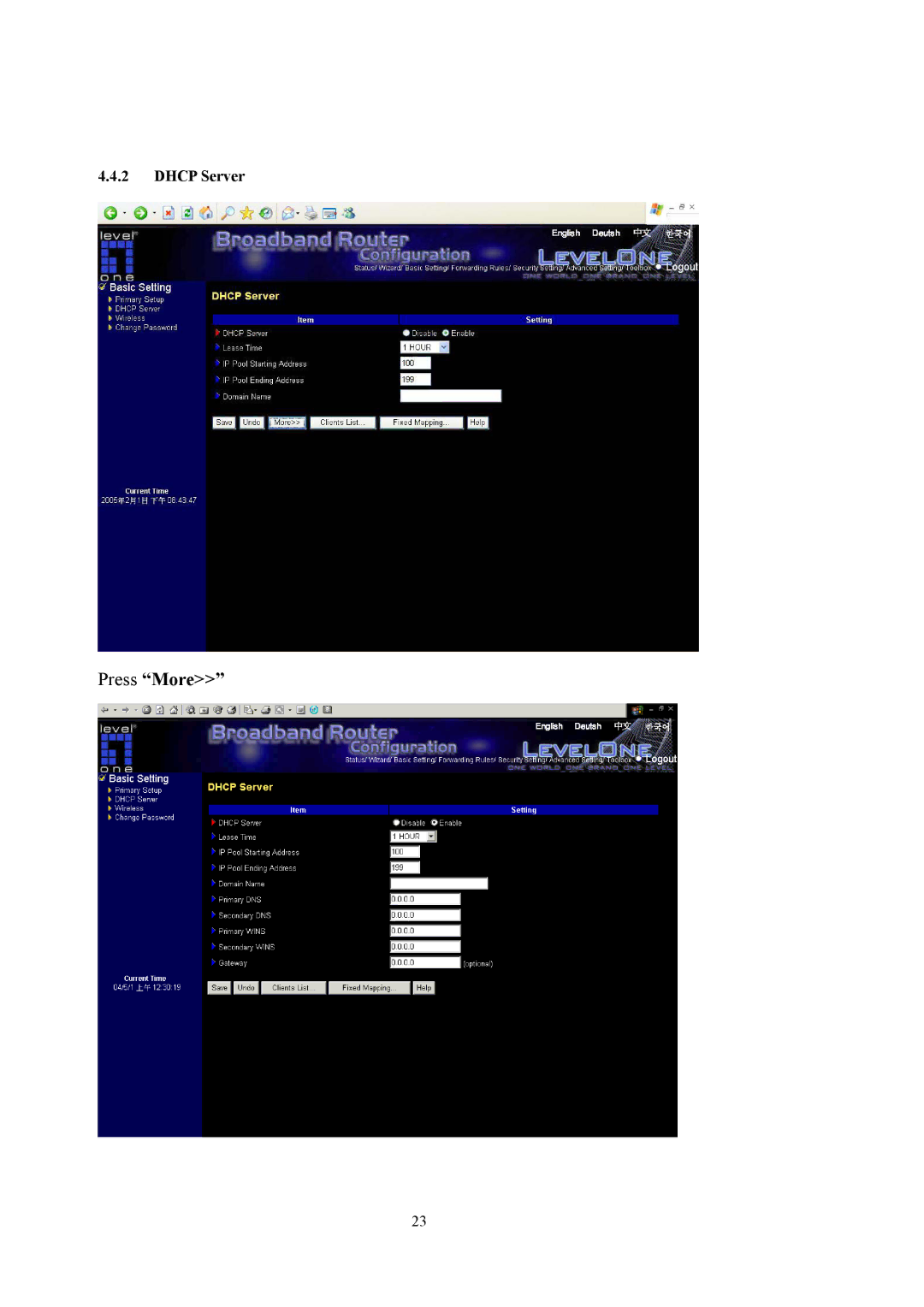 LevelOne WBR-5400 user manual Press More, Dhcp Server 