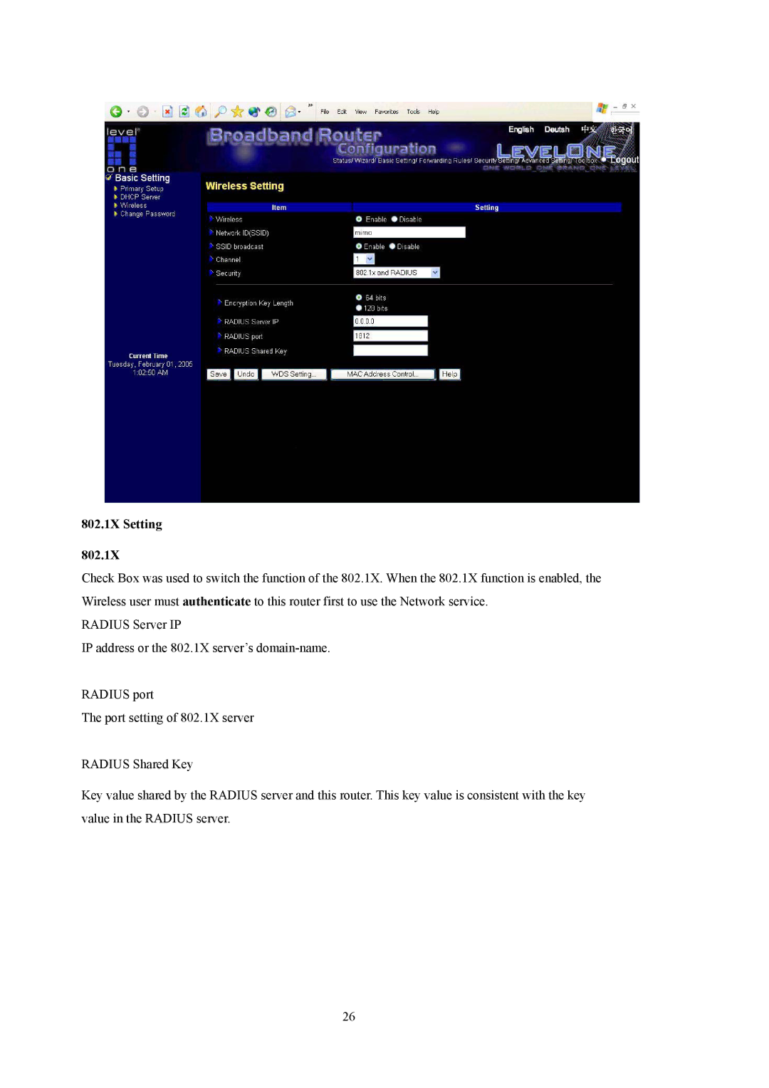 LevelOne WBR-5400 user manual 802.1X Setting 