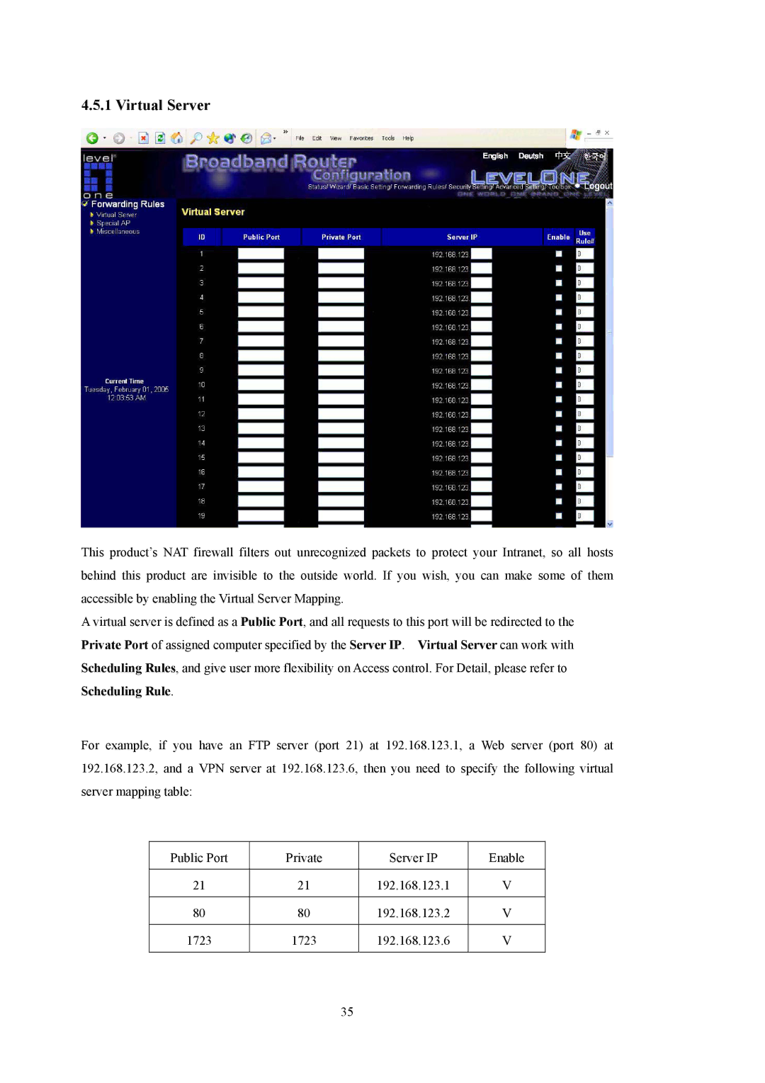 LevelOne WBR-5400 user manual Virtual Server 