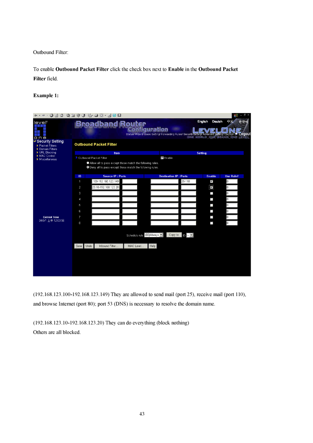 LevelOne WBR-5400 user manual Filter field Example 