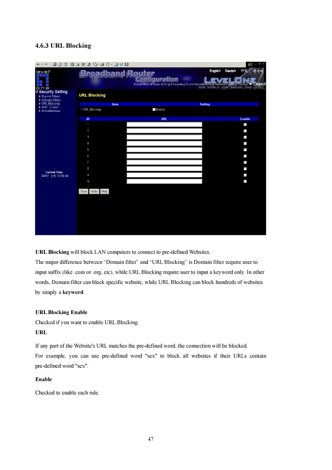 LevelOne WBR-5400 user manual URL Blocking Enable 
