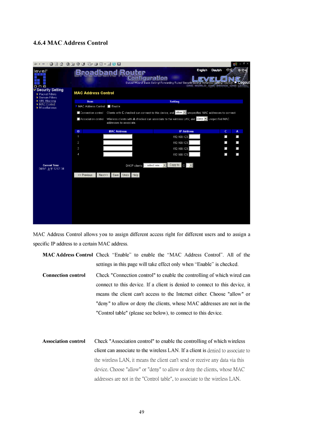 LevelOne WBR-5400 user manual MAC Address Control 